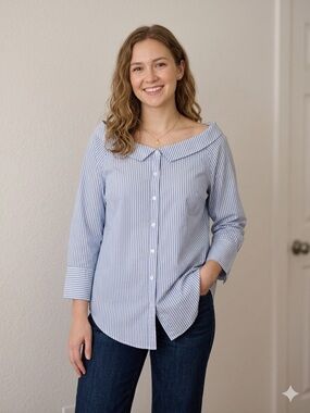 Chico's Blue and White Striped Off-Shoulder Button-Down Top